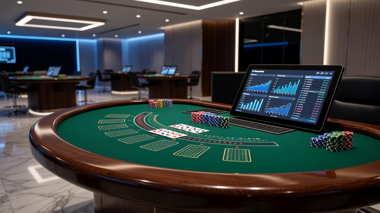 Close-up view of baccarat gameplay with data overlay illustrating bet tracking and analytics